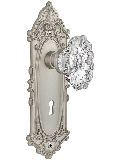 Largo Door Set with Keyhole and Chateau Crystal Glass Knobs in Satin Nickel.